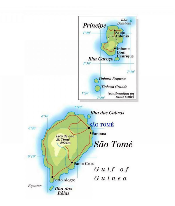 Detailed road and physical map of Sao Tome and Principe.